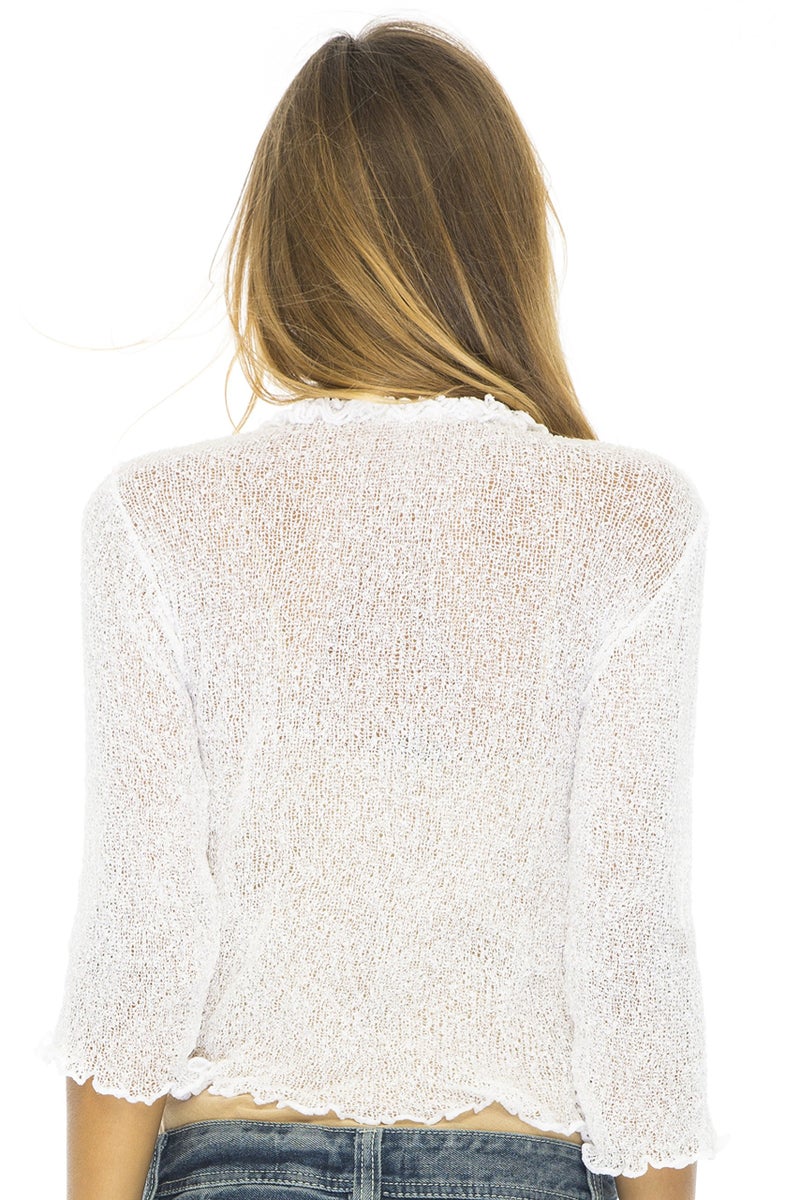 Back From Bali Womens Sheer Shrug Cardigan Sweater Ruffle Lightweight Knit White One Size - Image 2